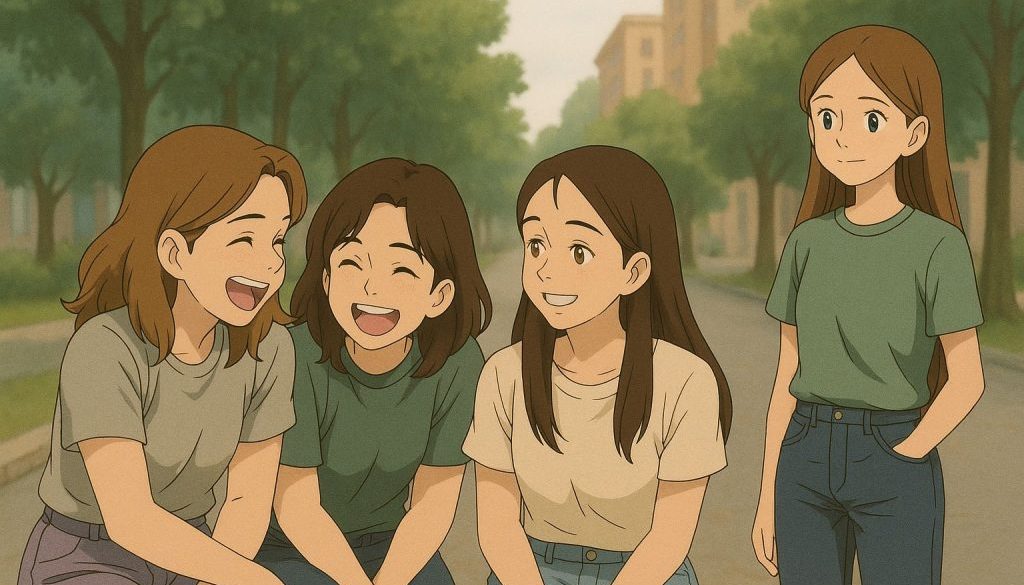 a three girls laughing and one girl looking them in sad and remember that remembering her true friendship story