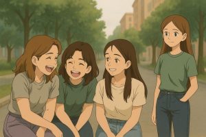 a three girls laughing and one girl looking them in sad and remember that remembering her true friendship story